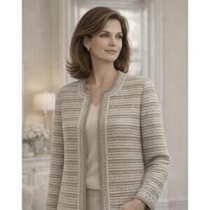 VTG 90s Misook Metallic Beige Knit Open Cardigan - L Neutral, Luxe Emily Gilmore